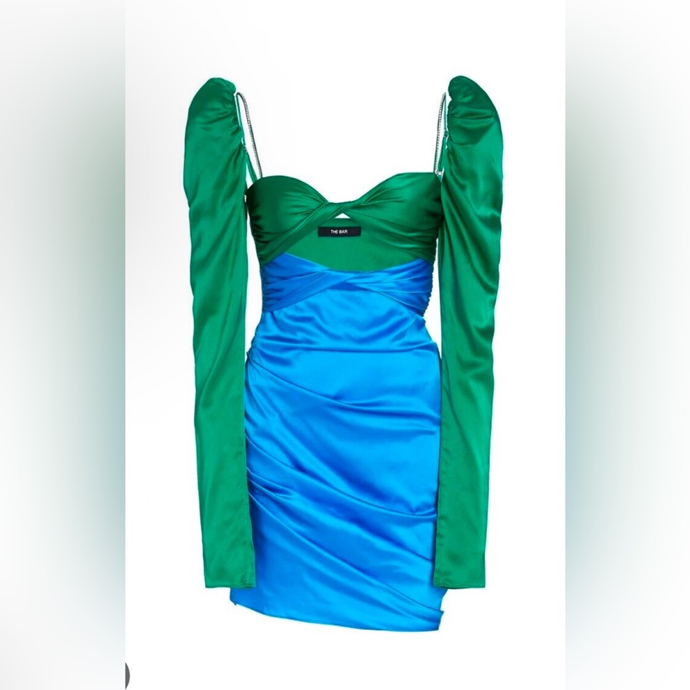 The Bar Twist Dress Emerald & Cobalt Green Blue Silk Crystal Mini size 2 NWOT
